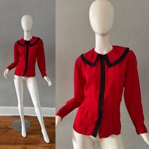 Vintage 80s Red Sailor Collar Rayon Long Sleeve Top Blouse